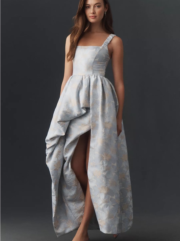 Light Blue Floral Jacquard High-Low Formal Dress